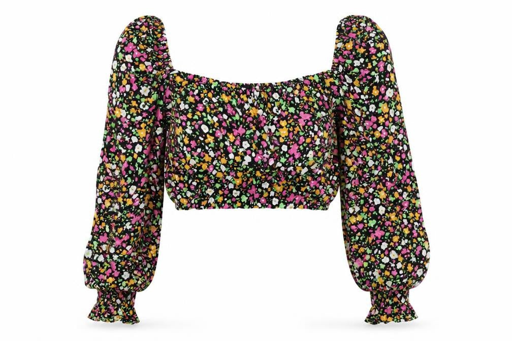 Front view of Bershka Women's Multicoloured Floral Cropped Blouse XS