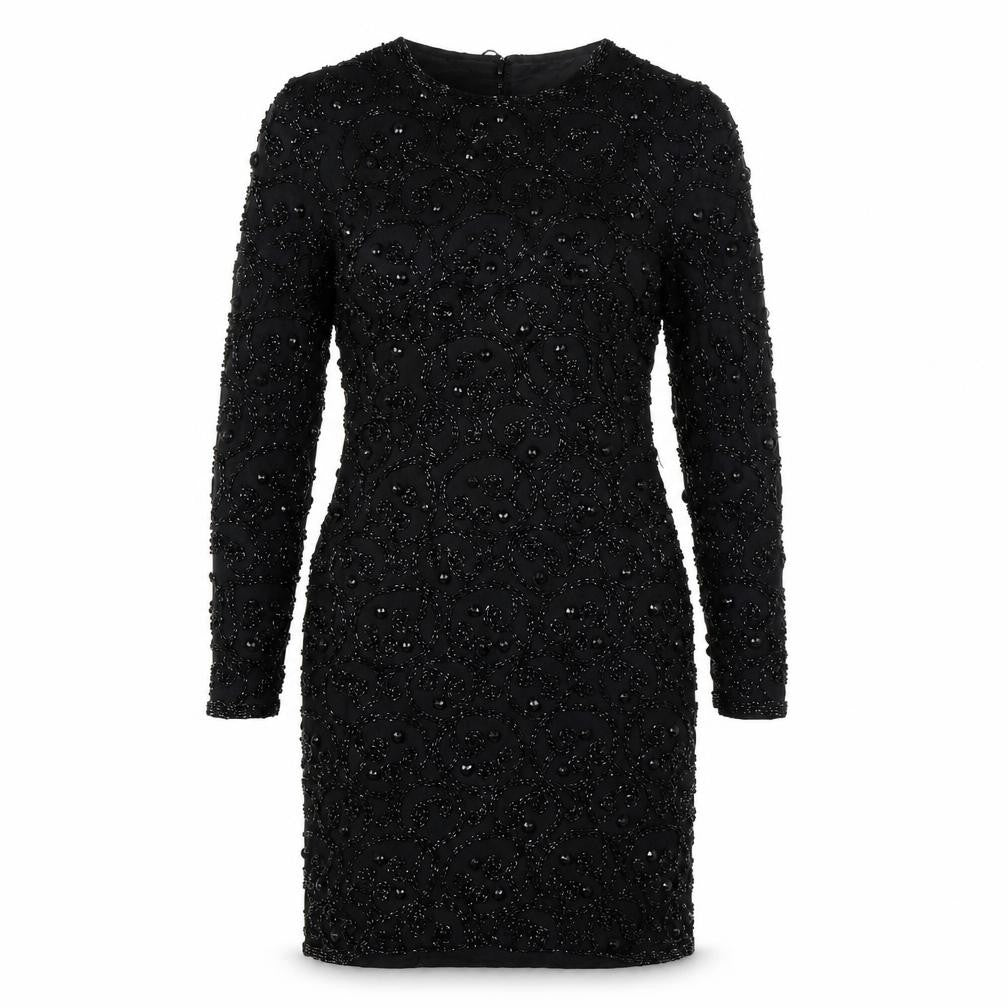 Front view of Joan Leslie Women's Black Beaded Sheath Dress, size 10