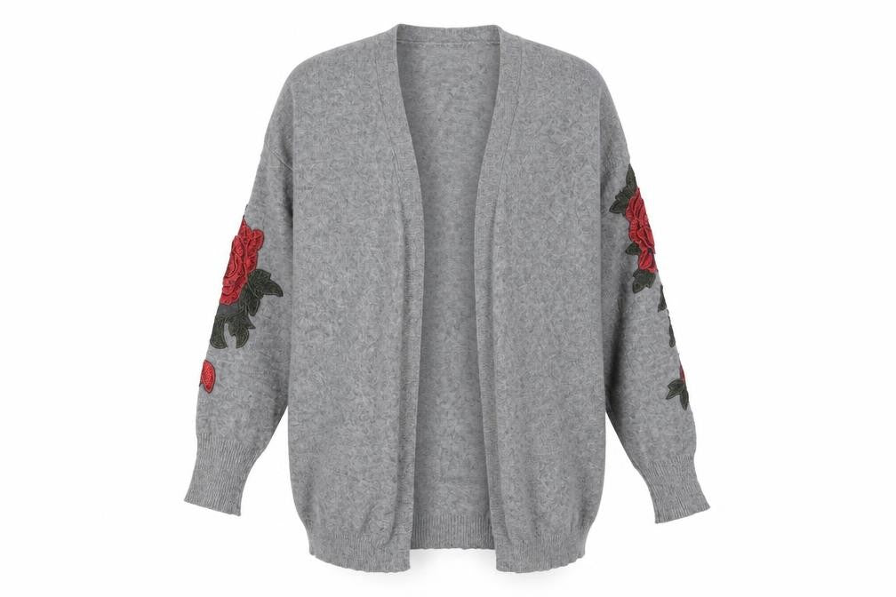 Front view of Dreamers Women's Grey Embroidered Cardigan L