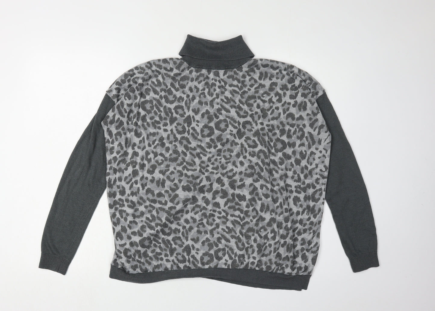 Oasis Women's Grey Leopard Print Roll Neck Jumper S