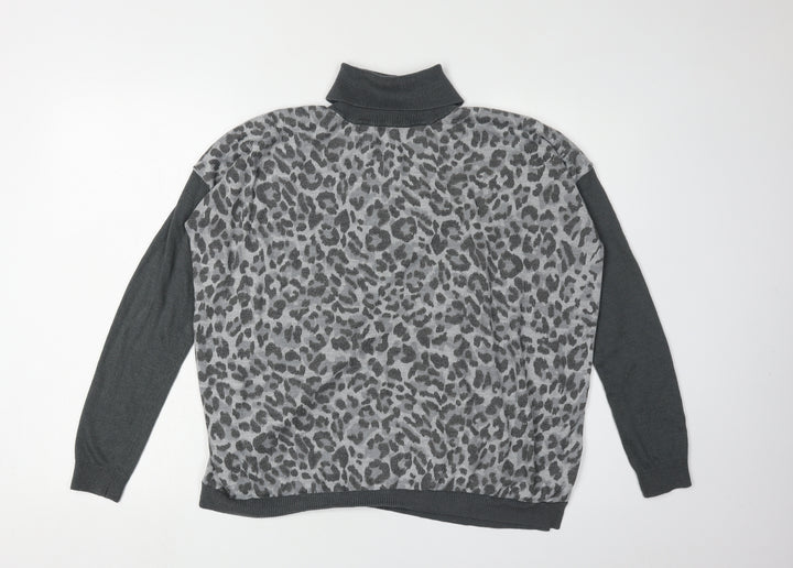 Oasis Women's Grey Leopard Print Roll Neck Jumper S