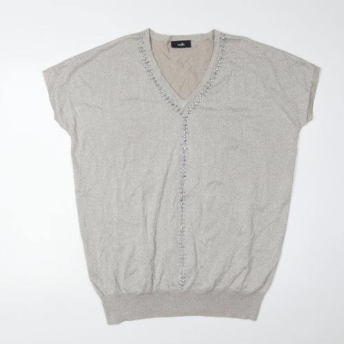 Wallis Women's Silver Pullover Jumper L V-Neck Beaded