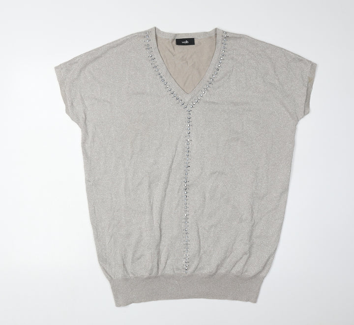 Wallis Women's Silver Pullover Jumper L V-Neck Beaded
