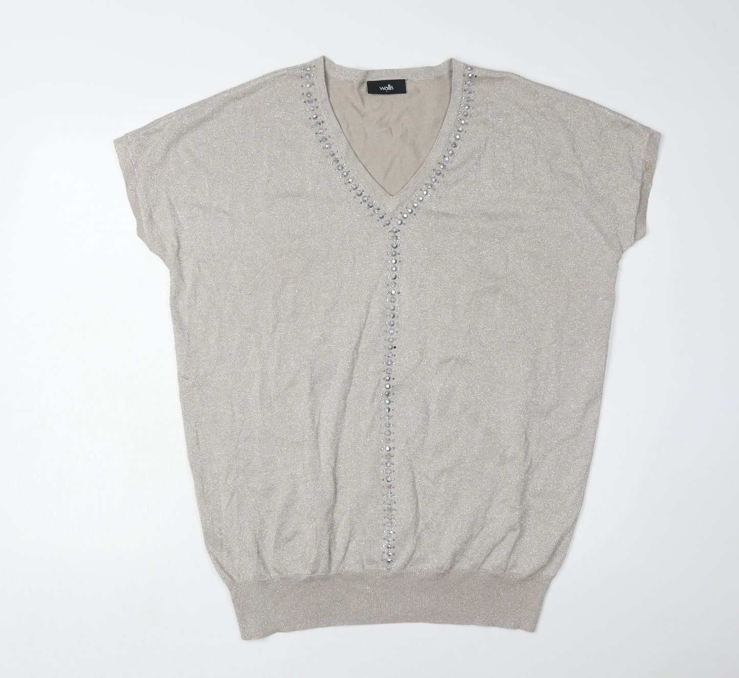 Wallis Women's Silver Pullover Jumper L V-Neck Beaded