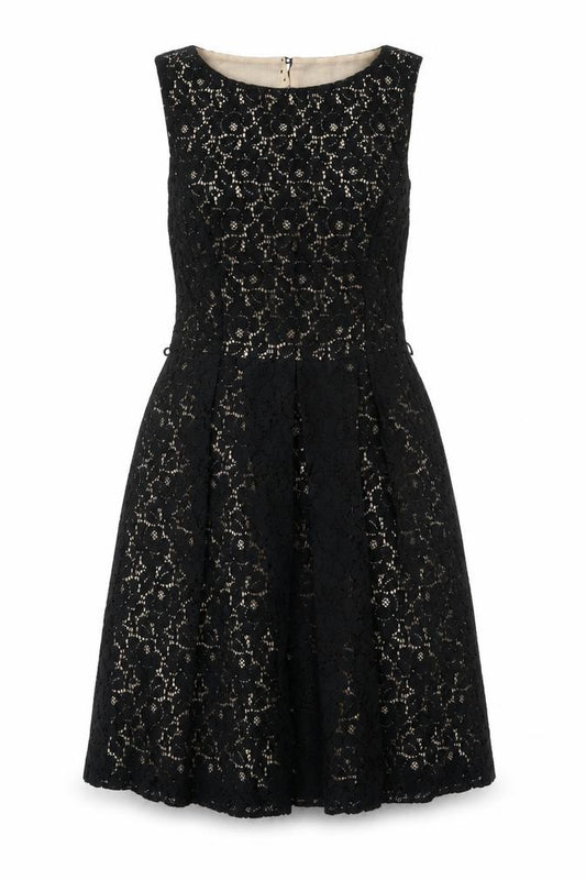 Front view of Oasis Women's Black A-Line Floral Lace Dress, size 12