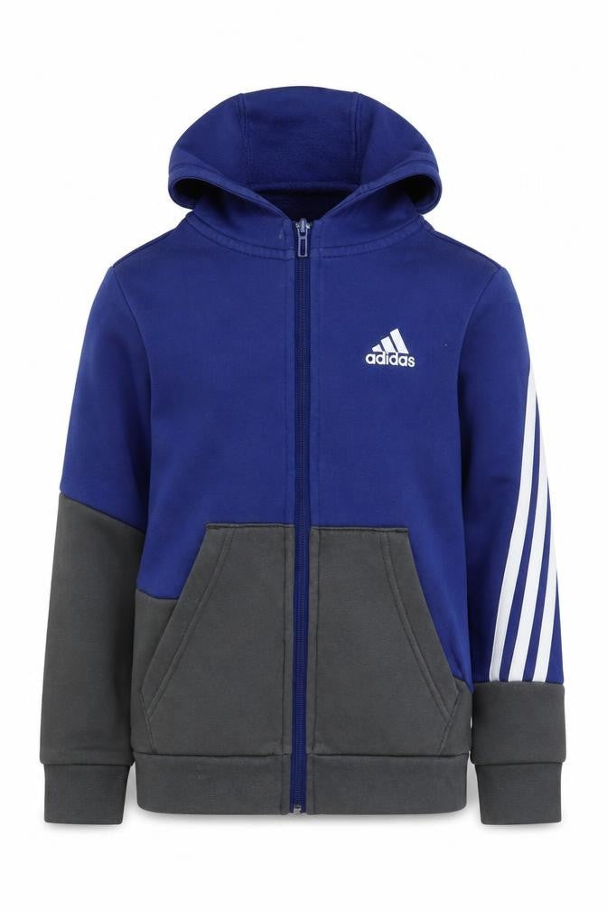 Front view of Adidas boys’ blue full zip hoodie 7-8 years