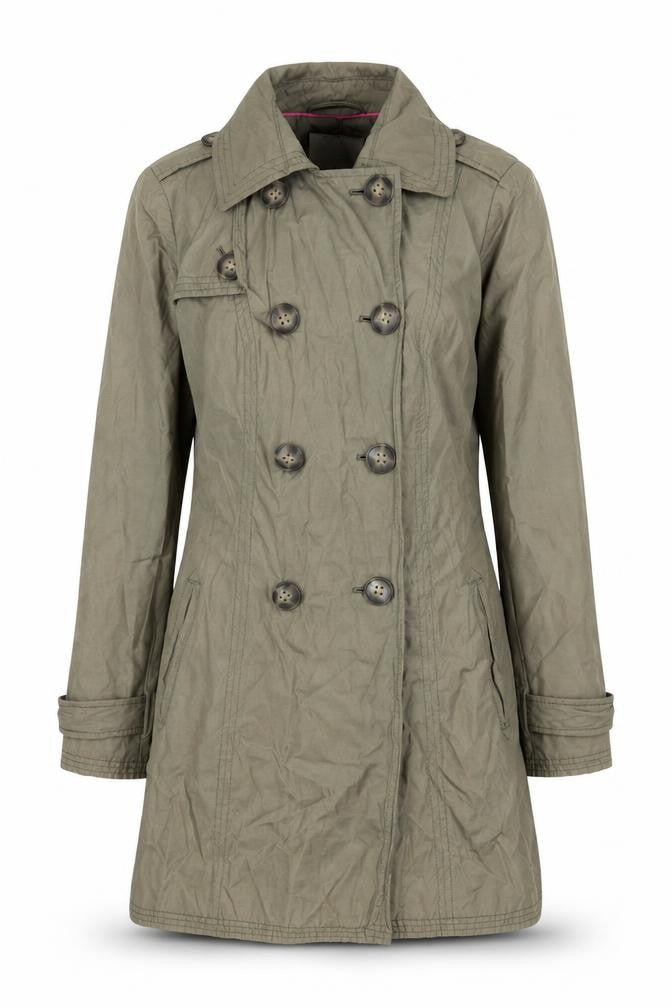 Front view of John Lewis Women's Green Trench Coat, size 10, Belted Classic