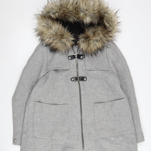 Zara Women's Grey Parka Coat with Fur Trim, Size L