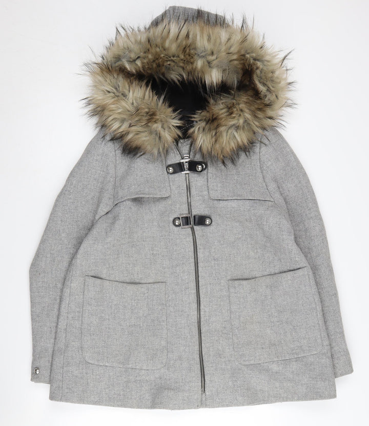 Zara Women's Grey Parka Coat with Fur Trim, Size L
