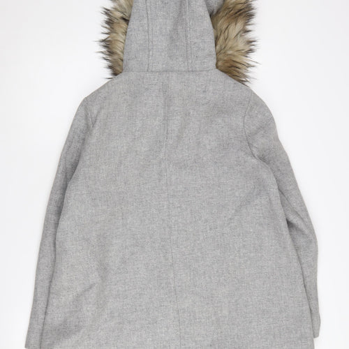 Zara Women's Grey Parka Coat with Fur Trim, Size L