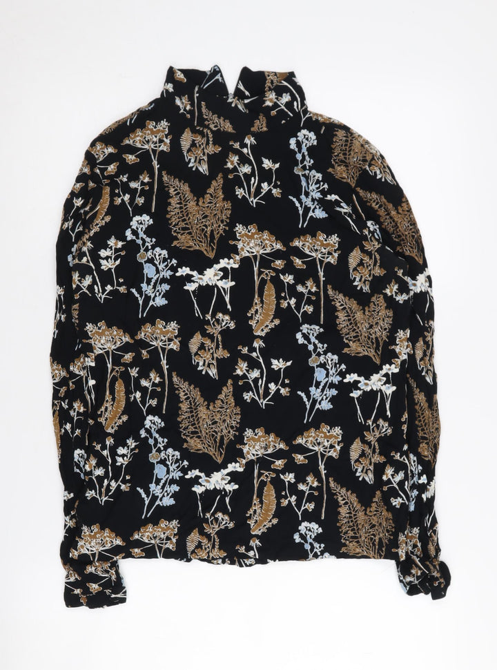 PIECES Women's Black Floral High Neck Long Sleeve Top