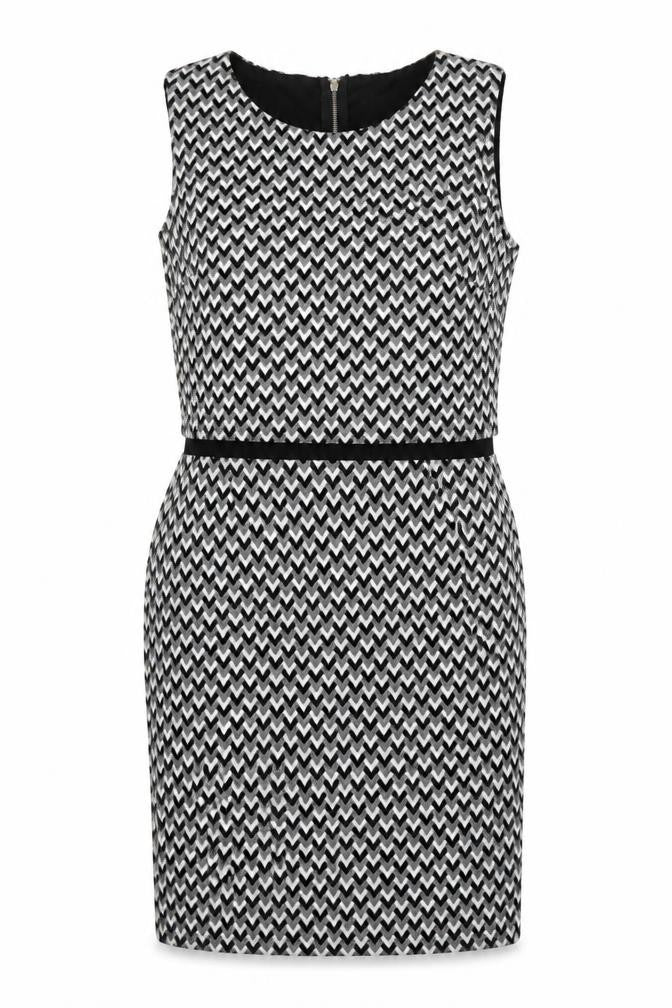 Front view of Miss Selfridge Women's Black & White Chevron Pencil Dress