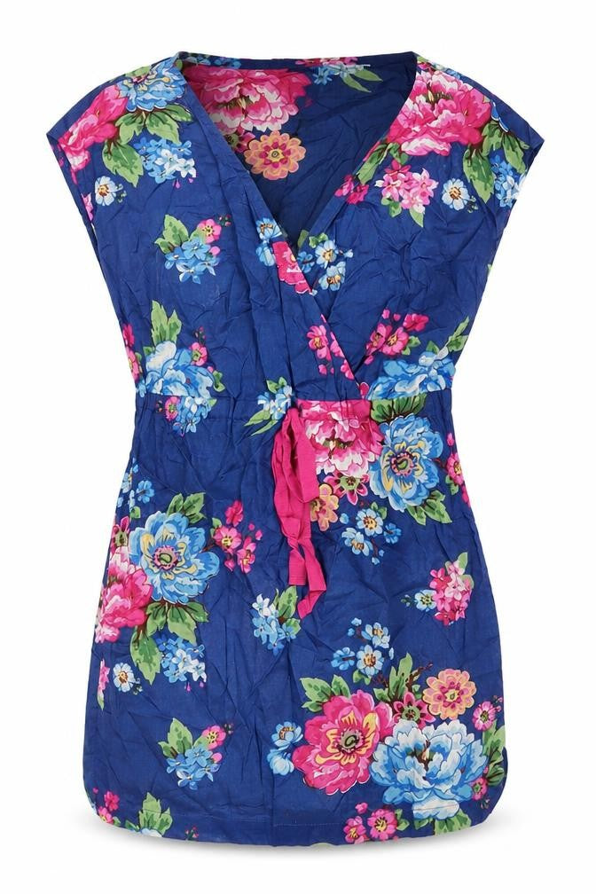 Front view of Joules Women's Blue Floral Wrap Blouse, size S