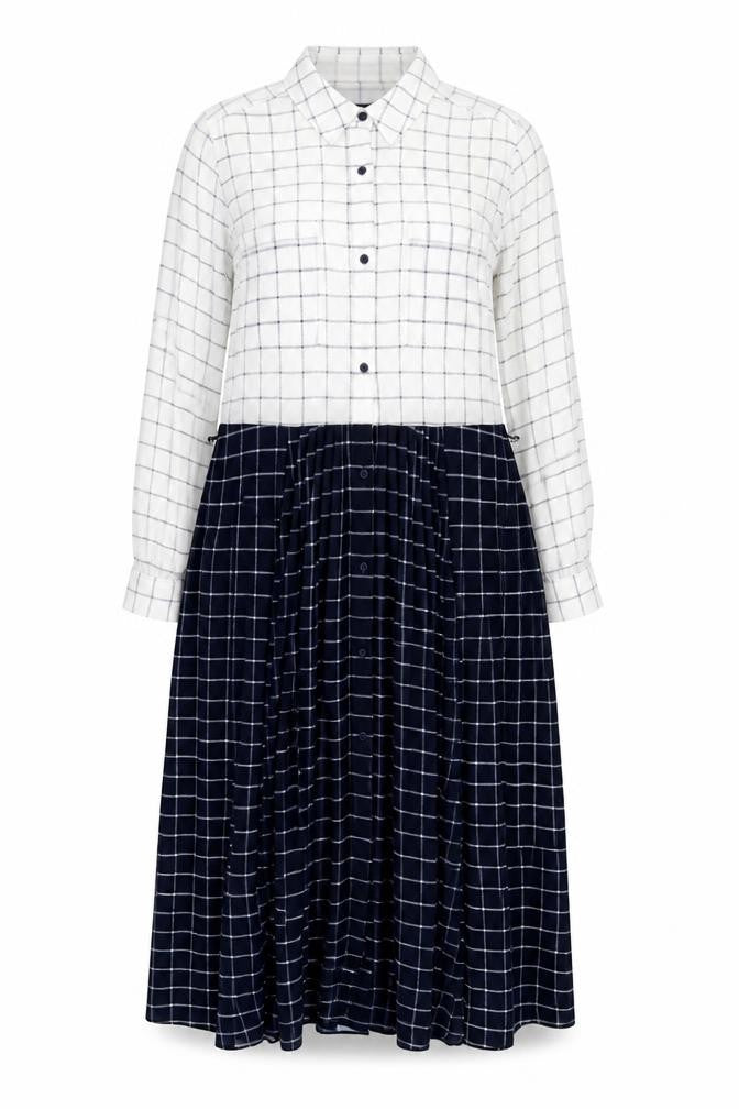 Front view of French Connection Women's Check Shirt Dress White Blue, size 8