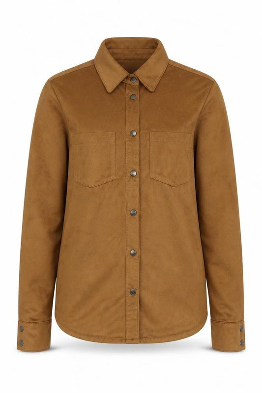 Front view of VILA Women's Brown Button-Up Shirt, size S, Polyester
