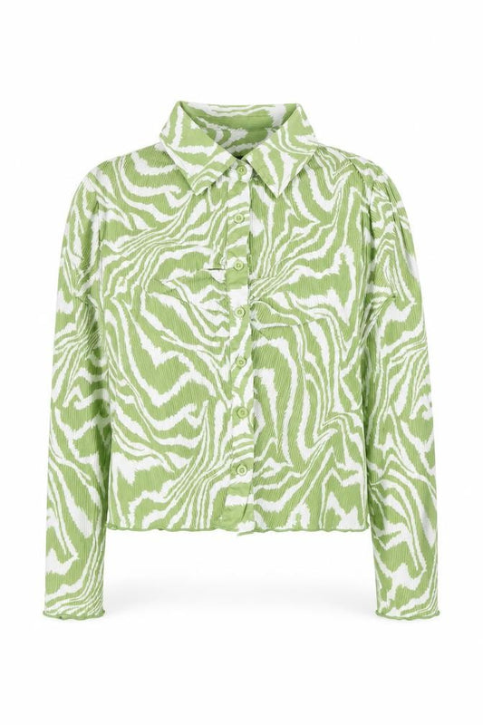 Front view of Brave Soul Women's Green Animal Print Button-Up Shirt