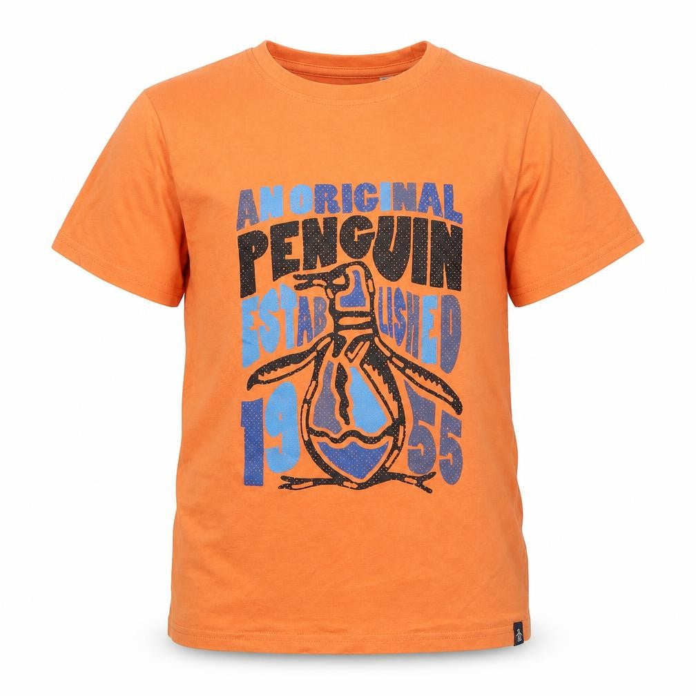 Front view of Original Penguin boys’ orange graphic t-shirt, size 10-11, years