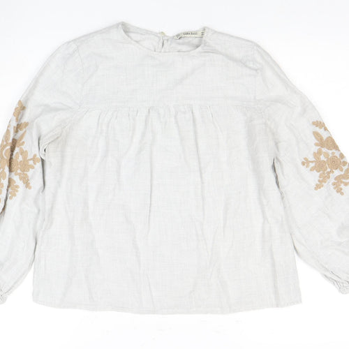 ZARA BASIC Women's Beige Blouse, Size M with Embroidery