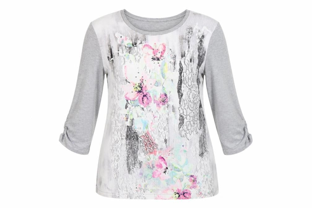 Front view of Gelco Women's Grey Floral T-Shirt, size 20