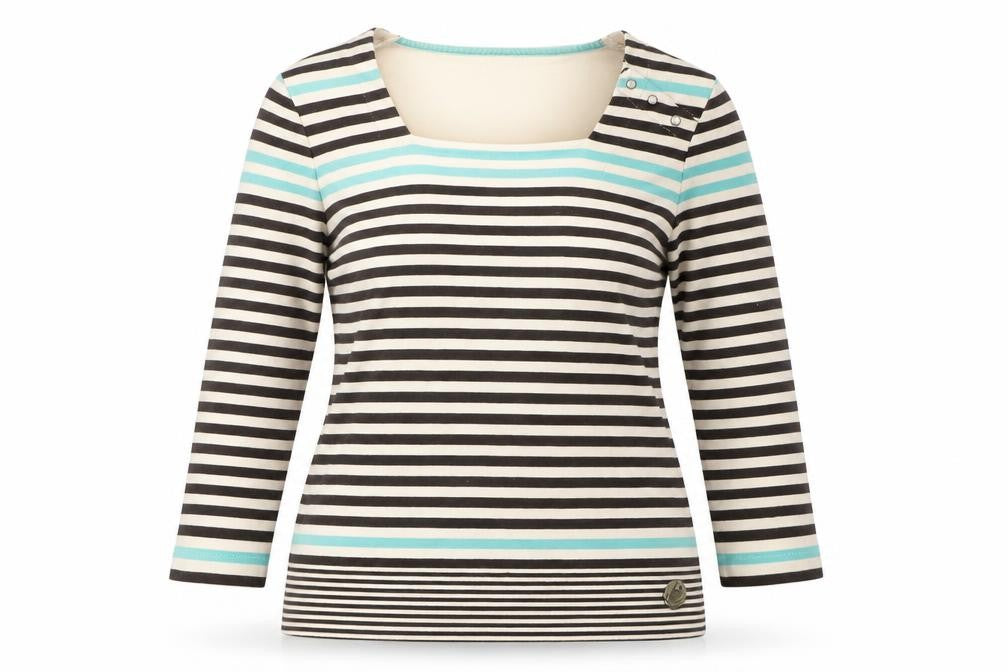 Front view of Dash Women's Beige Striped Top, size 10, Casual Elegance