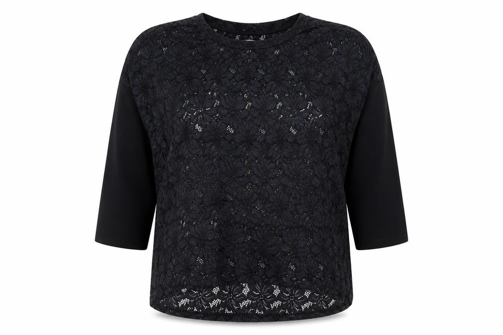Front view of Post Card Women's Black Lace 3/4 Sleeve Top, size 2