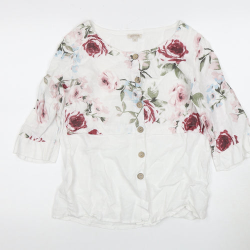 Lina Tomel Women's White Floral Linen Blouse Size M