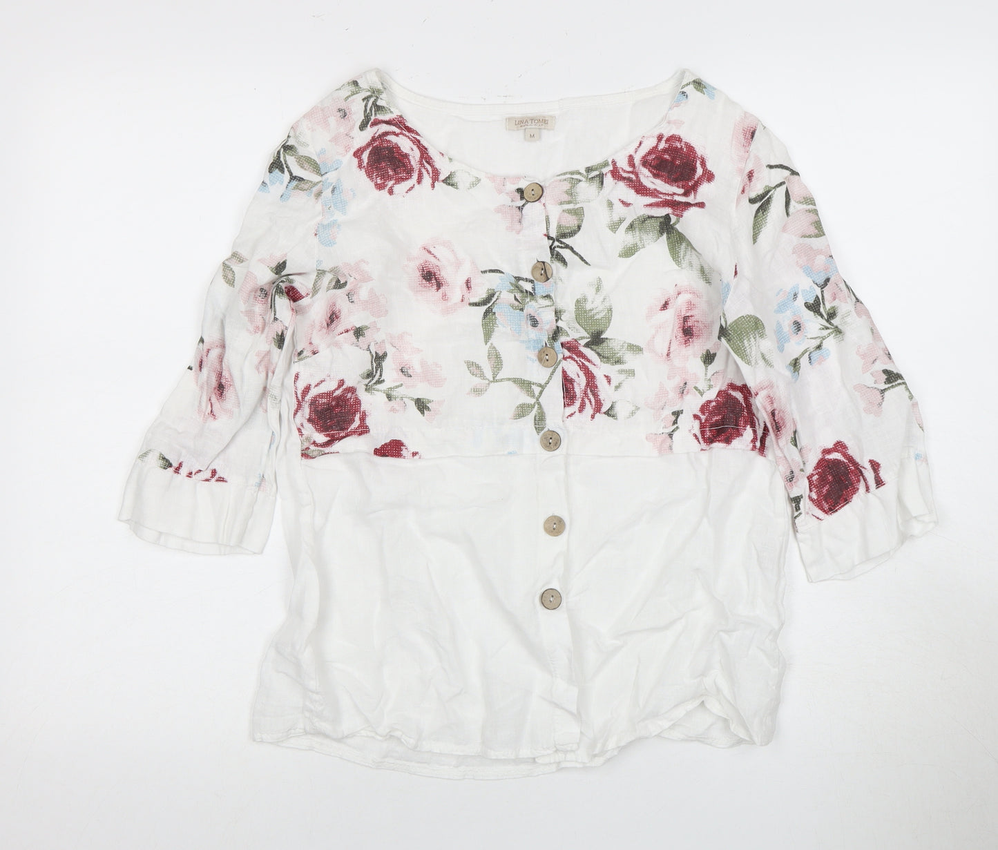 Lina Tomel Women's White Floral Linen Blouse Size M