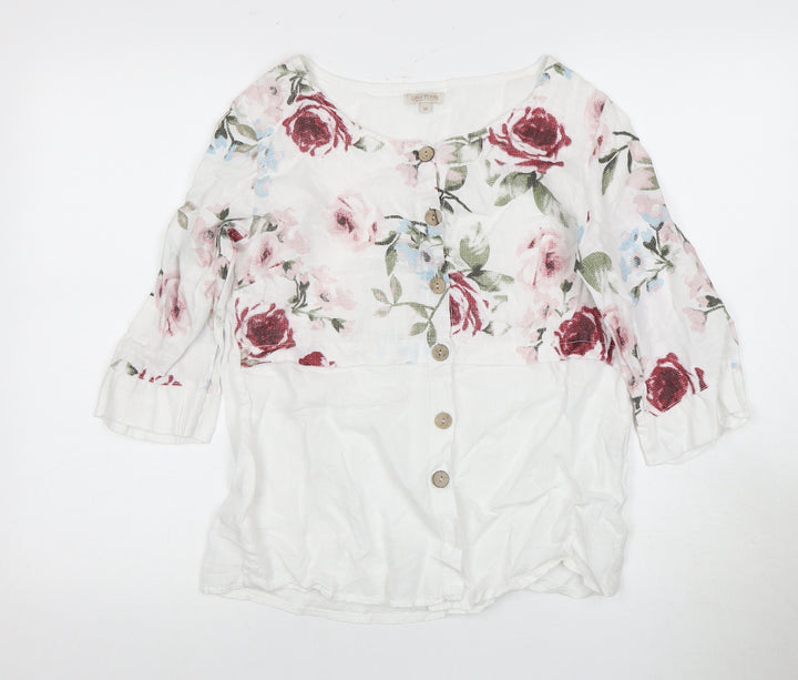 Lina Tomel Women's White Floral Linen Blouse Size M