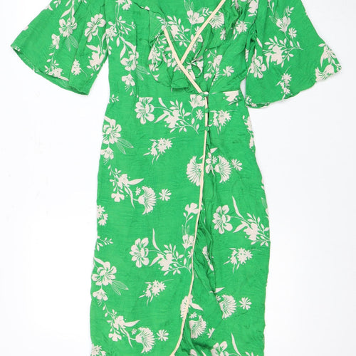 Topshop Green Floral Wrap Dress Size 8 Women