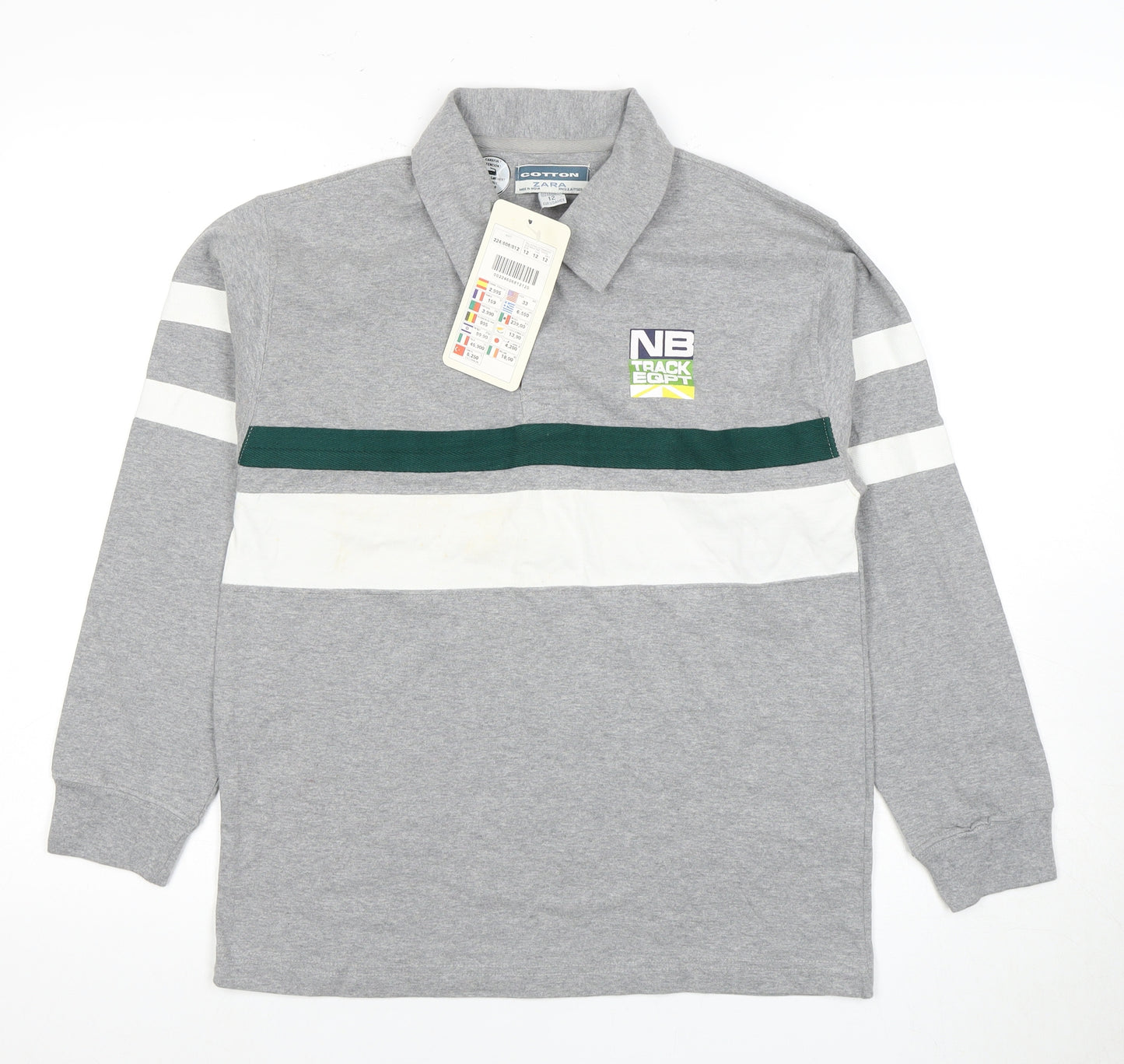 Zara Women's Grey Polo Shirt - Size 12, Cotton, Long Sleeve