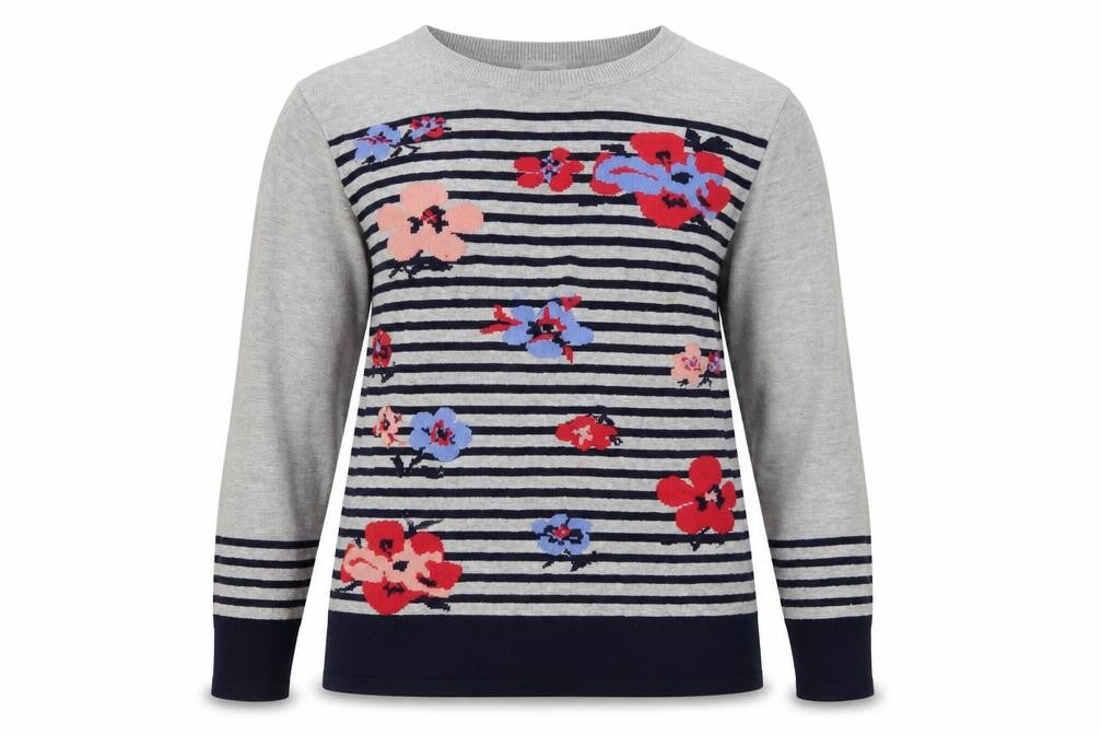 Front view of Cotton Traders Women's Grey Striped jumper, size 16