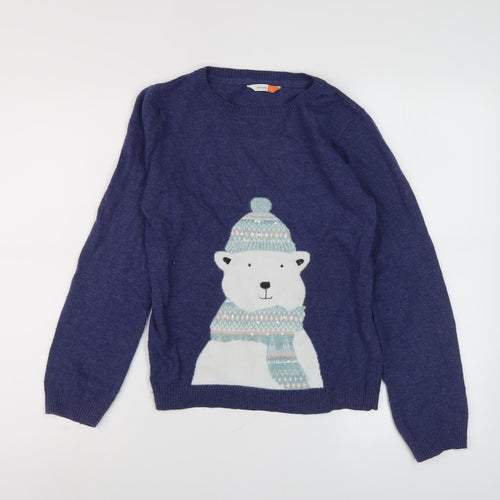 John Lewis Girls Blue Polar Bear Jumper, Size 12, Knit Pullover