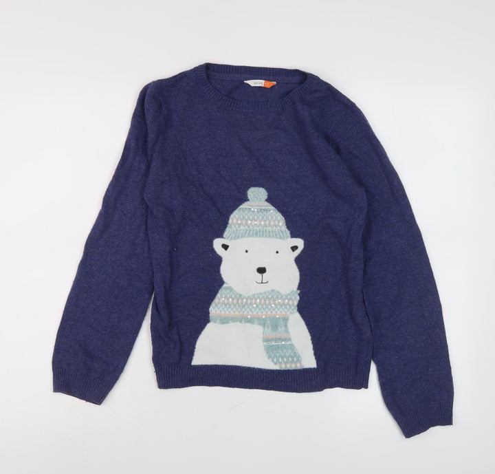 John Lewis Girls Blue Polar Bear Jumper, Size 12, Knit Pullover
