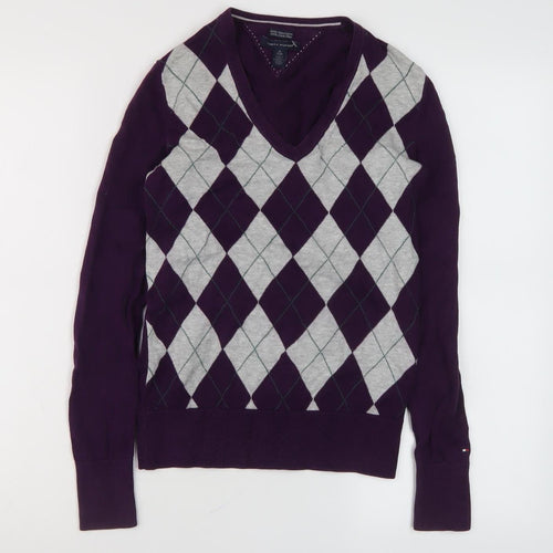 Tommy Hilfiger Women’s Purple Argyle V-Neck Jumper XS