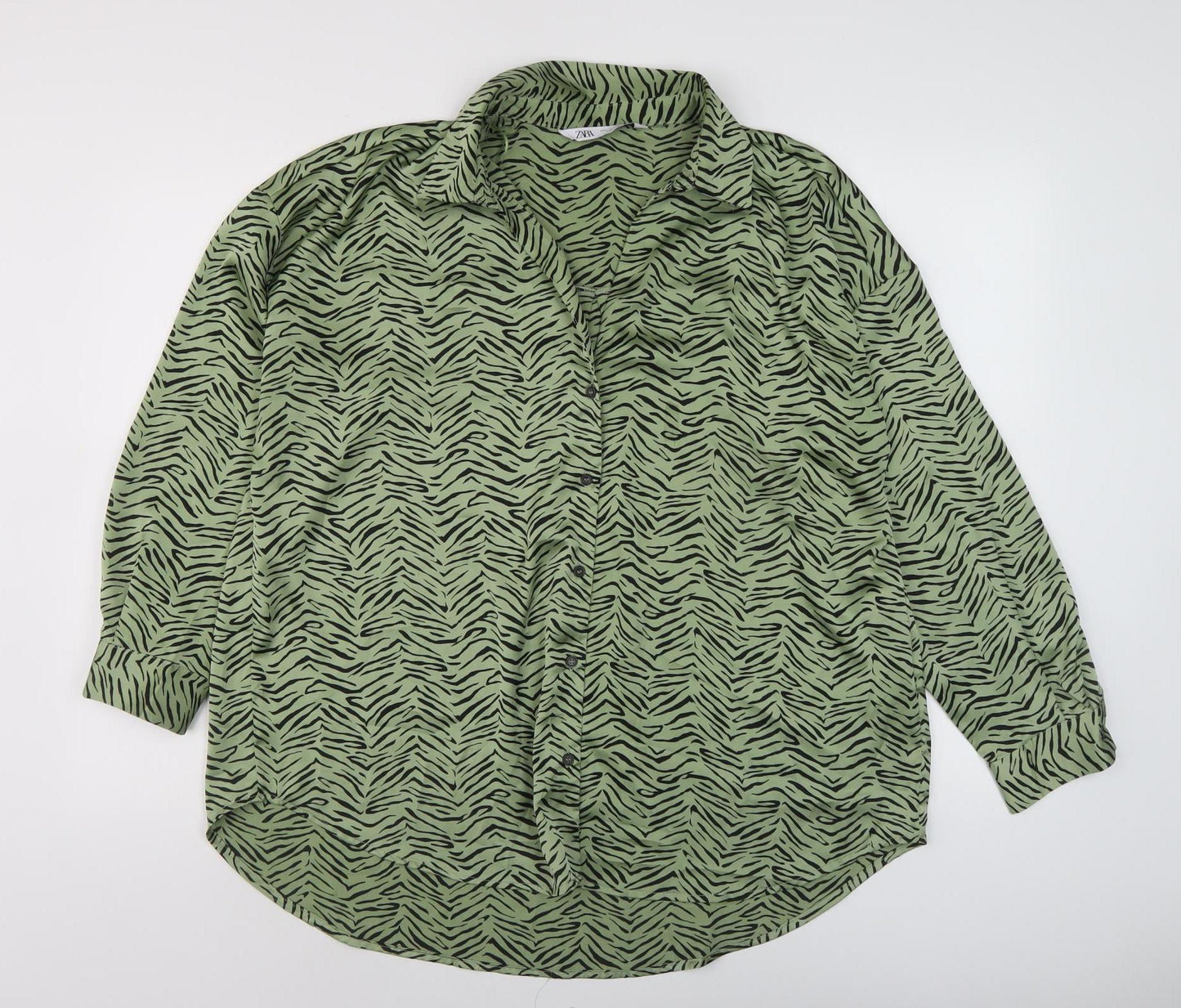 Zara Women's Green Zebra Print Button-Up Shirt L