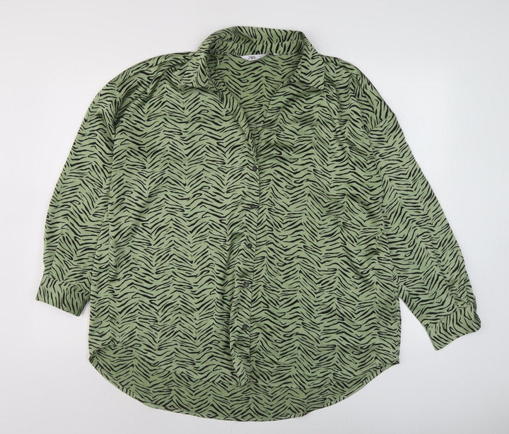Zara Women's Green Zebra Print Button-Up Shirt L