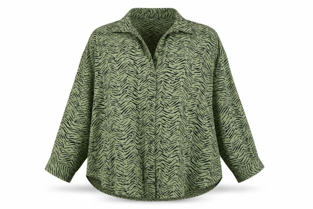 Front view of Zara Women's Green Zebra Print Button-Up Shirt L