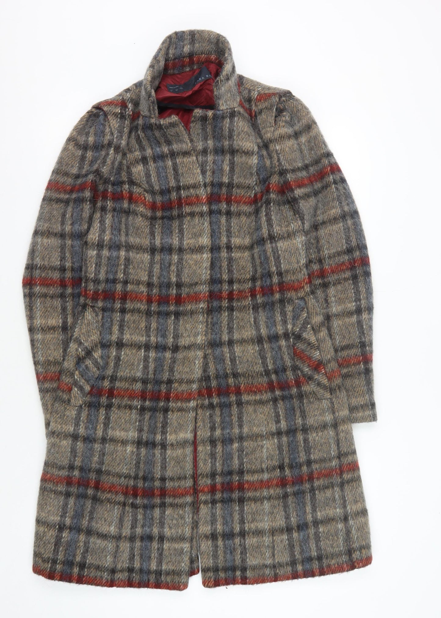 Zara Women's Multicoloured Check Wool Overcoat Size 10