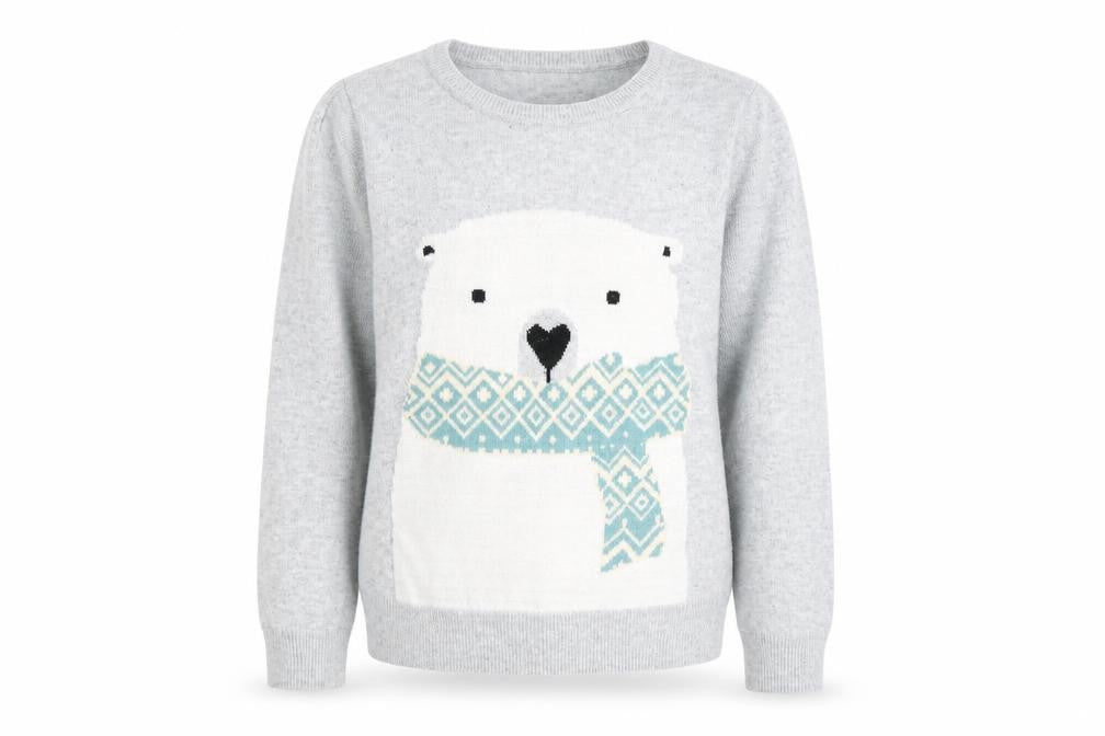 Front view of John Lewis girls’ grey polar bear jumper, size 9, years