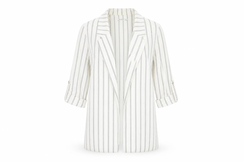 Front view of Stradivarius Women's White Blazer, size 8, Striped Long Coat