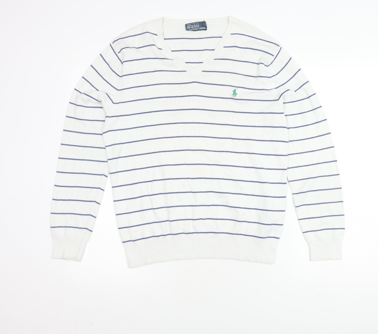 Ralph Lauren Women's White Striped V-Neck Jumper S