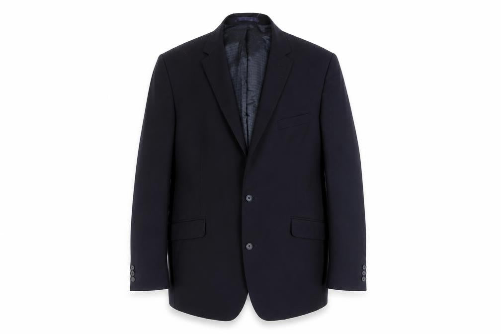 Front view of Pierre Cardin men’s blue wool blazer, size 44l