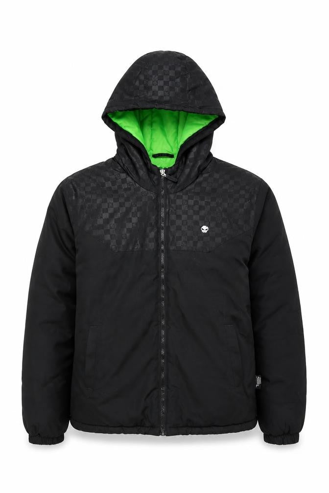 Front view of Hot Fuz XS unisex black puffer jacket
