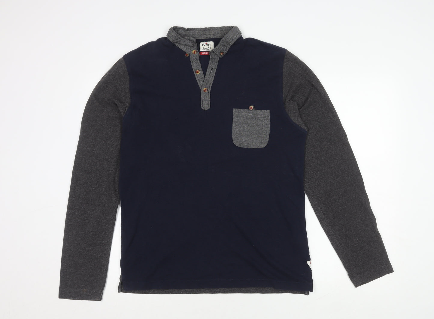 Soviet Men's Medium Blue Long Sleeve Colourblock Polo