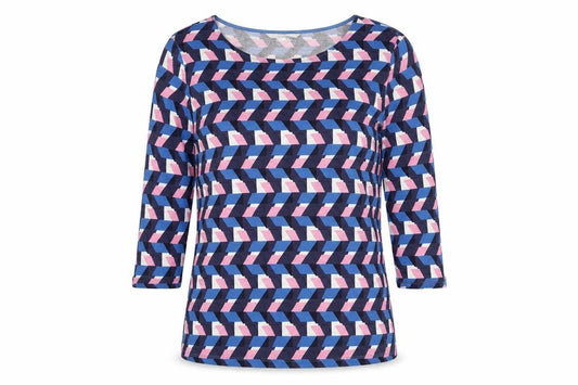 Front view of Boden women’s geometric multicoloured top, size UK 10