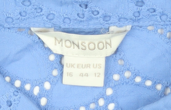Monsoon Women's Blue Collared Sleeveless Lace Blouse Size 16