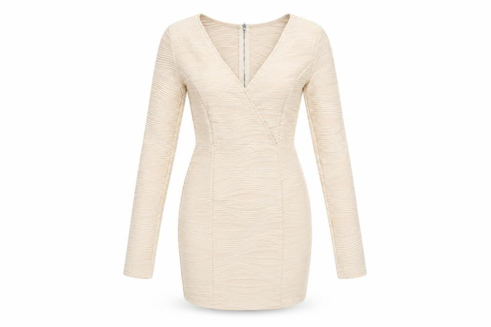 Front view of Urmoda Women's Beige XS Bodycon Party Dress