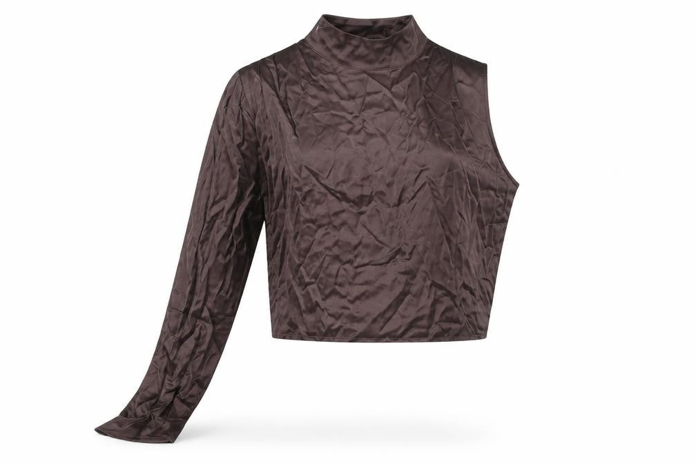 Front view of Zara Brown Asymmetrical Long Sleeve Blouse L Women's