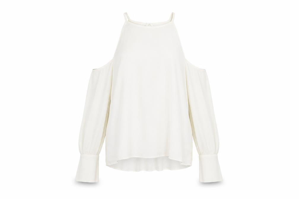 Front view of Zara Woman White Halter Blouse, M, Long Sleeve, Cold Shoulder