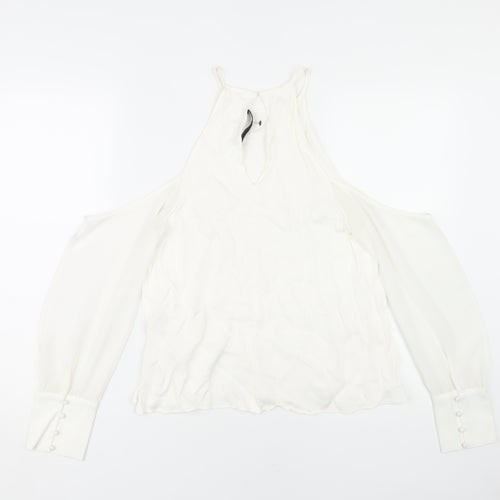 Zara Woman White Halter Blouse, M, Long Sleeve, Cold Shoulder